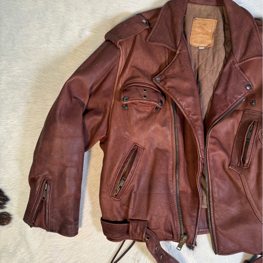 Brown Leather Moto Jacket Lace Up Biker Vintage XL Oversized - Picture 3 of 4